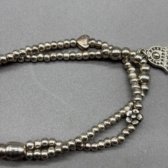 Bali Queen Hamsa Charm Silver Alloy Beaded Two Strand Waxed Linen Boho Bracelet - Picture 4 of 5